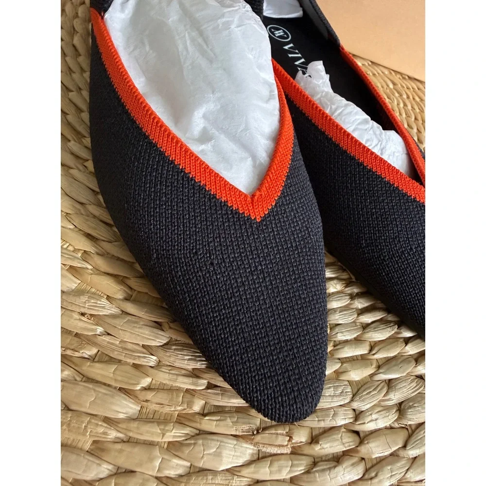 VIVAIA Chic Black Knit Pointed Flats with Bold Orange V-Cut Trim EU/35.5‎ US/5.5